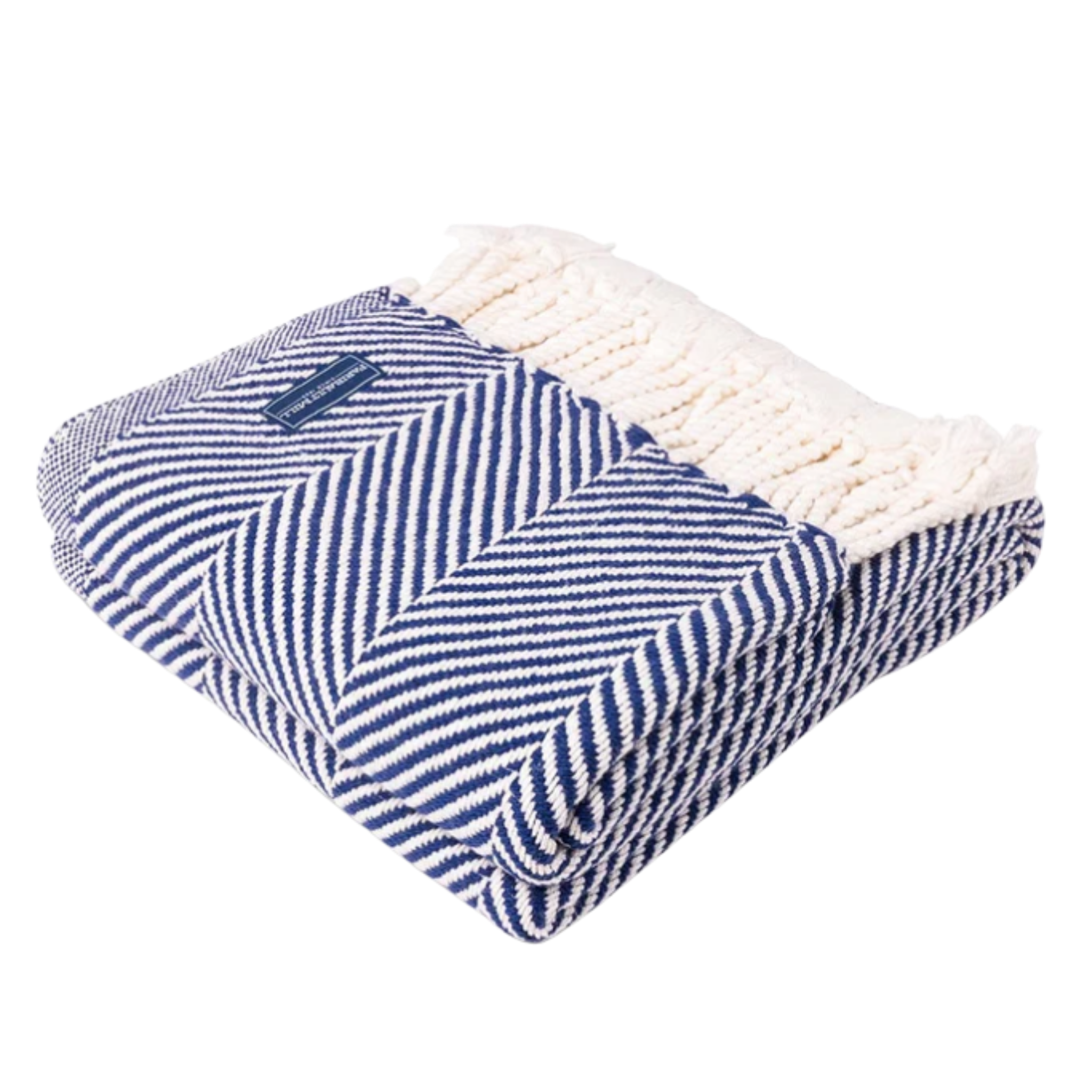 Blue and white striped throw with a brand label on a white background